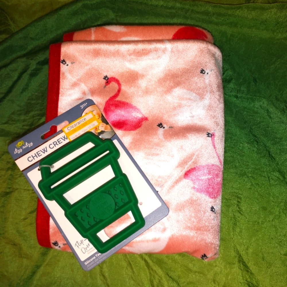 Pink and White Swan Receiving Blanket and Latte Teething Toy